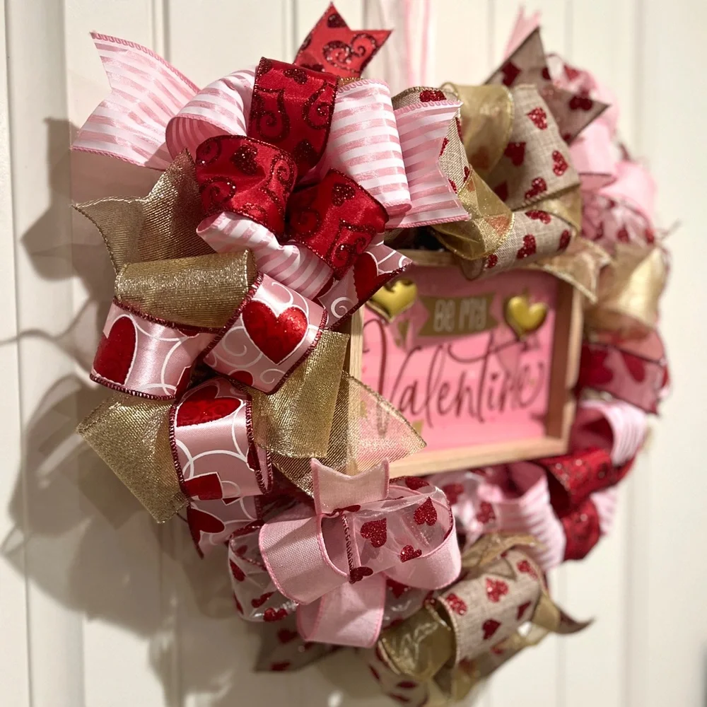 Handmade 17” Valentine’s Day Ribbon Wreath Hearts in Red & White w27